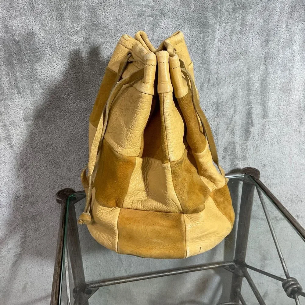 VTG Leather Drawstring patch Purse Bag Boho Ren. Fest, Native Hippie * TLC
